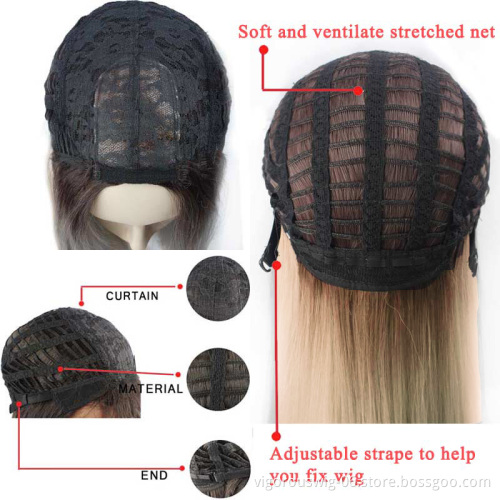Vigorous Straight Ombre Black to Blonde Wig Middle Part Synthetic Hair Wigs for Women Heat Resistant Fiber Real Natural